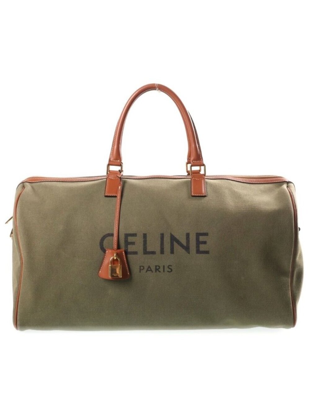 Celine Leather Handle Canvas Boston Bag Khaki with Front Logo Cadena